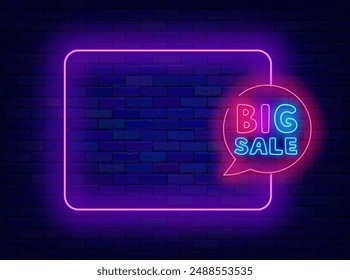 Big sale neon advertising. Special offer promotion. Shiny greeting card. Empty purple frame and colorful text in speech bubble. Shopping concept. Copy space. Editing text. Vector stock illustration