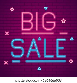 big sale neon design on bricks background, offer ecommerce shopping online theme Vector illustration