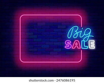 Big sale neon flyer. Special offer promotion. Shiny greeting card. Empty pink frame and lettering with colorful text. Shopping banner. Copy space. Editing text. Vector stock illustration