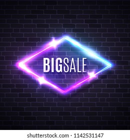 Big sale neon rhomb sign on brick wall. Retro light lozenge banner with neon effect. Techno rhombus background. Glowing brill frame. Electric street diamond Special offer 80s style vector illustration