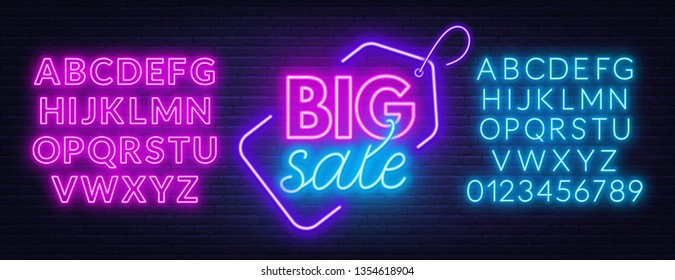 Big sale neon sign on brick wall background. Neon fonts.