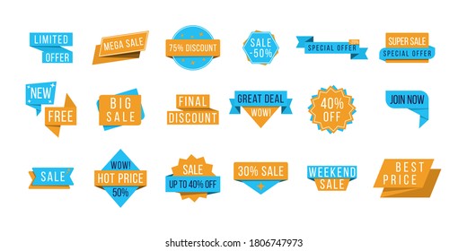 Big sale, new offer and best price, discount for promotional event banners. Set of promotional badges and sale tags, modern design for website and advertising. Vector illustration, eps 10.