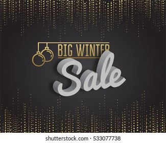 Big sale new year 2021. Metallic gold Christmas balls, decoration, shimmering, 3D text, shiny confetti on a black background.  Vector Illustration