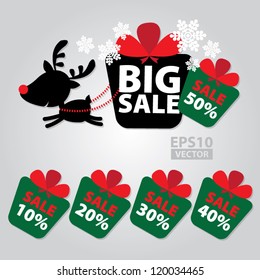 Big Sale New Year and Christmas Reindeer Sticker tags with Sale 10 - 50 percent text on Colorful Gift Box Sticker tags - EPS10 Vector