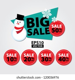 Big Sale New Year and Christmas Snowman Sticker tags with Sale 10 - 50 percent text on Red Circle Sticker tags - EPS10 Vector