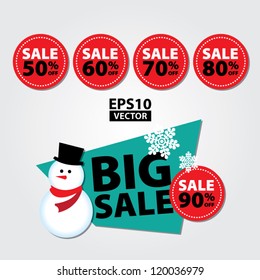 Big Sale New Year and Christmas Snowman Sticker tags with Sale 50 - 90 percent text on Red Circle Sticker tags - EPS10 Vector