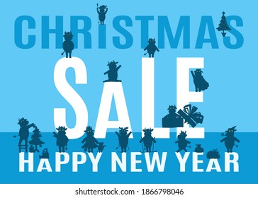 big sale for new year and christmas with cows. vector doodle