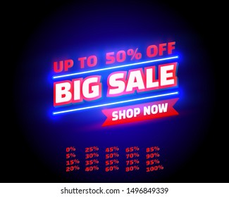 Big sale off shop new neon banner set collection, color red blue. Vector illustration