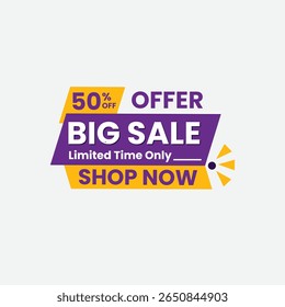 Grande offre de vente 50 pour cent de temps limité seulement magasiner maintenant bannière promotionnelle avec des formes géométriques violettes et jaunes et du texte