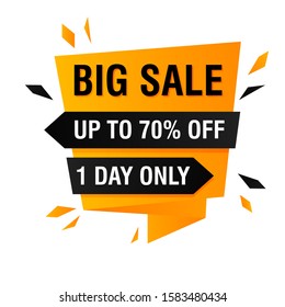 Big sale offer banner design with splinters explosion. Abstract graphic element with text. Origami shape vector illustration. Template for promotion poster, advertising label or flyer