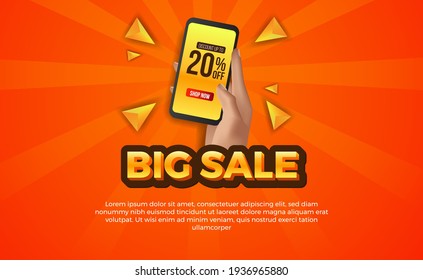 Big sale offer banner template for e-commerce with hand holding phone with yellow or orange color background