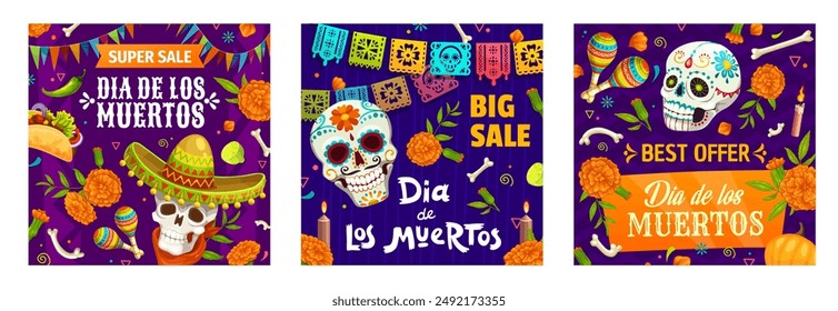 Big sale offer banners, Day of the Dead mexican holiday. Dia de los Muertos cartoon sugar skulls with sombrero, marigold flowers and maracas. Vector sale banners of Mexico skeletons and fiesta food