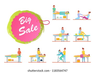 Big sale offer on massage and massaging procedures set vector. Masseuses working with clients using oils and aroma candles for relaxation of patients