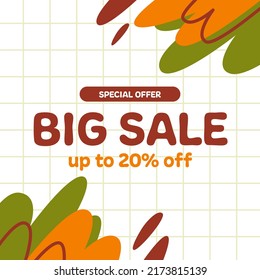 big Sale offer promotion discount template for social media for baby kid toddler. warm autumn fall color. memphis abstract shape pattern