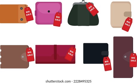 Big sale on accessories. Set of fashionable wallets. Vector illustration shopping trade purse and purses