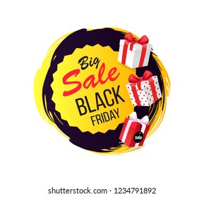 Big sale on Black Friday promo tag with gifts, wrapped in decorative paper packages with price labels. Round badge stamp with brush strokes isolated
