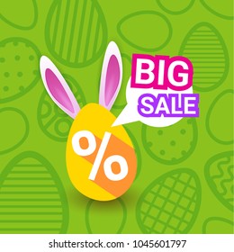 Big Sale On Easter Holiday Greeting Card Poster Discounts Banner Egg With Bunny Ears On Green Background Vector Illustration