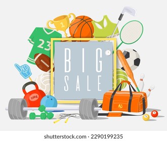 Big sale on sport goods, fitness equipment and gaming items poster template vector illustration design. Online shopping for cross fit training, championship tournament and sportive activity