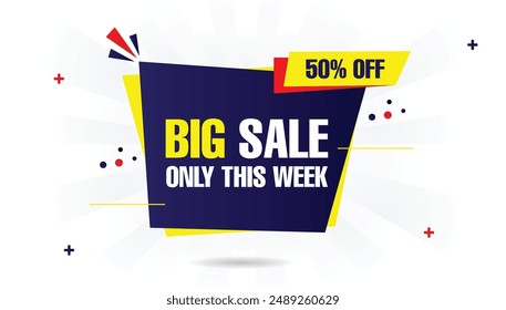 Big sale only this week 50% off banner template design with white background, blue, yellow, and red shapes, perfect for limited-time offers and discounts