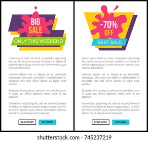 Big sale only this weekend, total end discounts -70% off, headline and additional phrase on ribbon vector illustration isolated on white web posters set