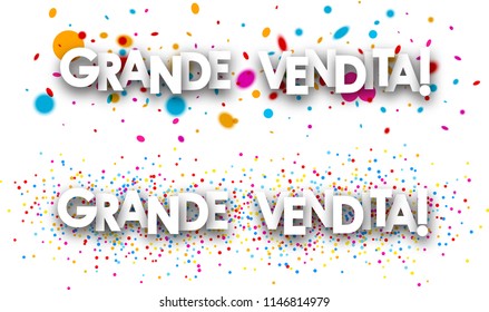 Big sale paper banners with color drops, Italian. Vector illustration.