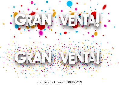 Big sale paper banners with color drops, Spanish. Vector illustration.