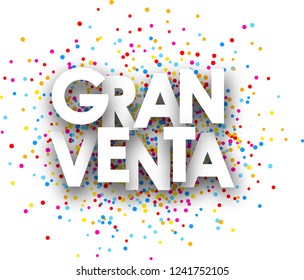 Big sale paper card with color drops, Spanish. Vector illustration.