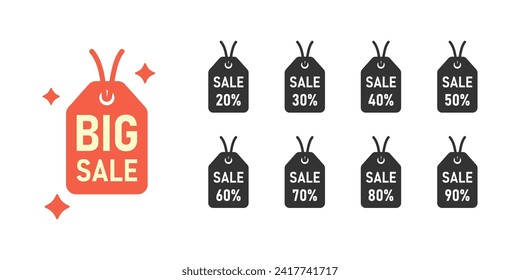 Big sale, percent off discount. Vintage, retro badge, 10, 20, 30, 50, 90 percent promotion price offer sign. Sale banner. Flat vector.