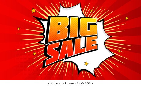 Big sale pop art splash background, explosion in comics book style. Advertising signboard, price reduction, sale with halftone dots, cloud beams light on red backdrop. Vector for ad, covers, posters.