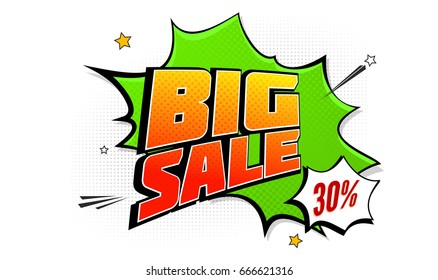 Big sale pop art splash background, explosion in comics book style. Advertising signboard, price reduction, sale with halftone dots, cloud beams on white backdrop. Vector for ad, covers, posters.