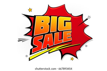 Big sale pop art splash background, explosion in comics book style. Advertising signboard, price reduction, sale with halftone dots, cloud beams on white backdrop. Vector for ad, covers, posters.