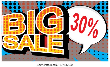 Big sale pop art splash background, comics book style. Advertising signboard, price reduction, sale with halftone dots, cloud, beams light on backdrop. Vector for ad, covers, posters.