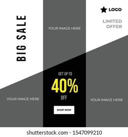 Big sale post with taper cut image holder social media template to promote your brand and advertise on different social media channels. Show sale, offers and discount with these creative designs