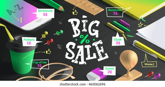 Big sale poster for advertising. School objects on the slate table for your graphic design.