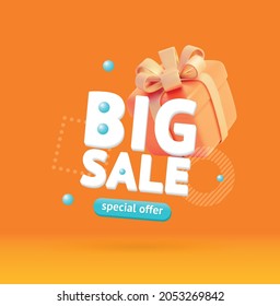 Big Sale Poster Banner Card With Realistic Detailed 3d Present Box And Abstract Memphis Style Elements On A Orange. Vector Illustration