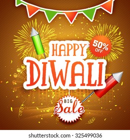 Big Sale poster, banner or flyer design with 50% discount offer on shiny firework decorated background for Happy Diwali.