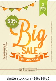 Big Sale poster, banner or template design with 50% discount offer for limited time on occasion of Eid Mubarak, celebration.