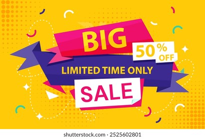 Big sale poster. Discounts and promotions, special limited offer. Voucher and coupon 50 percent sale. Flyer, booklet and brochure. Advertising and marketing. Flat vector illustration