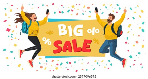 Big sale poster with jumping people and colorful confetti. Happy woman and man with smartphones and backpacks. 