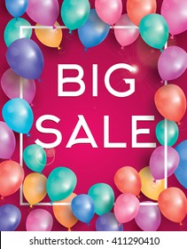 Big sale poster on red background with flying balloons and white frame. Vector illustration. Big sale banner.