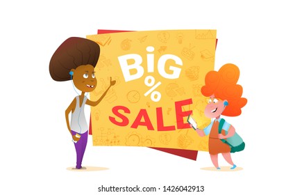 Big sale poster for school theme. Happy pupils - Vector illustration