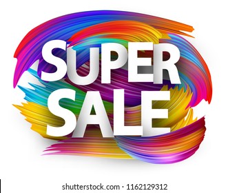 Big sale poster with spectrum brush strokes on white background. Colorful gradient brush design. Vector paper illustration.