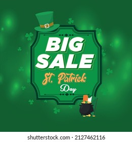 Big Sale poster for St. Patrick s Day. Vector Leprechaun`s hat and clover design elements with wishing lettering on green. Vector illustration