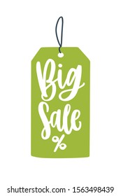 Big sale price tag flat vector illustration. Mega price reduction creative advert idea. Seasonal discounts promo banner design element. Green pricetag with percent sign. Shopping event, sellout ads.