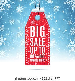 Big sale price tag on winter background with snow and snowflakes. Vector illustration