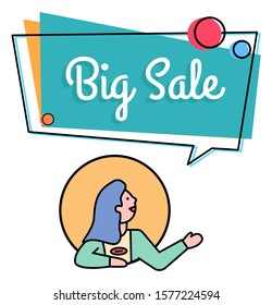 Big sale promo banner for shops and stores, isolated female character pointing on box with calligraphic text. Clearance and seasonal promotion at market. Teenager showing offers from shops vector