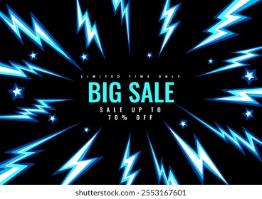 Big sale promotion banner. Sale cover Poster template with lightings and stars. Commercial discount event. Vector illustration