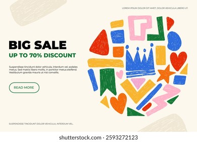 Big sale promotion banner with organic crayon shapes. Trendy pencil fun geometric shapes template. Creative business design for services, sale promotion, ads, web banner, presentations.