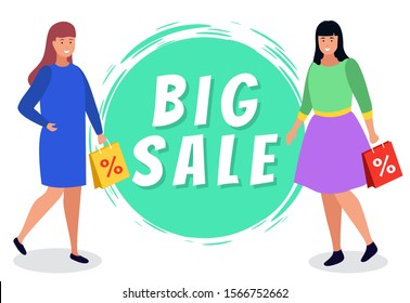 Big sale promotional banner in rounded shape. People carrying bags from shops. Personage with purchase from supermarket or boutique. Consumer with bought items. Offer and clearance at store vector