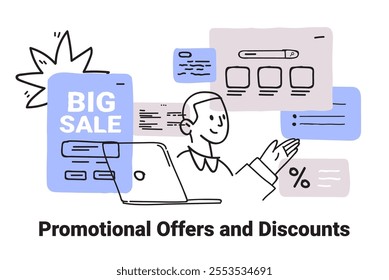 Big sale promotional concept with person presenting online offers and discounts surrounded by digital elements in minimalist hand drawn style